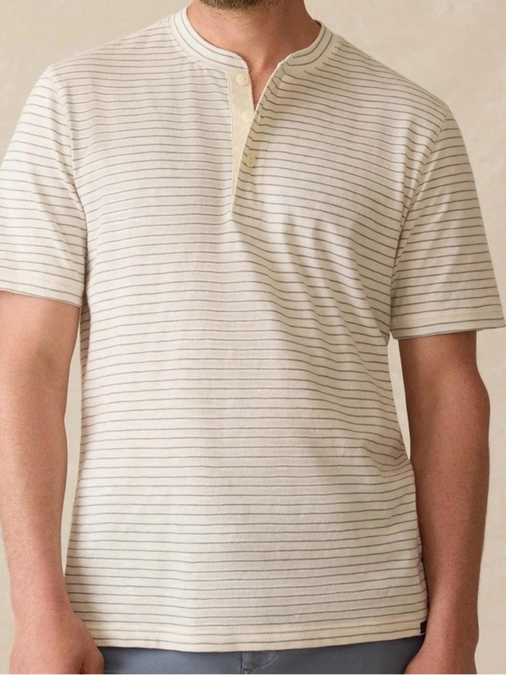 Faherty Men’s Short-Sleeve Sunwashed Henley Cream Flint Stripe XL